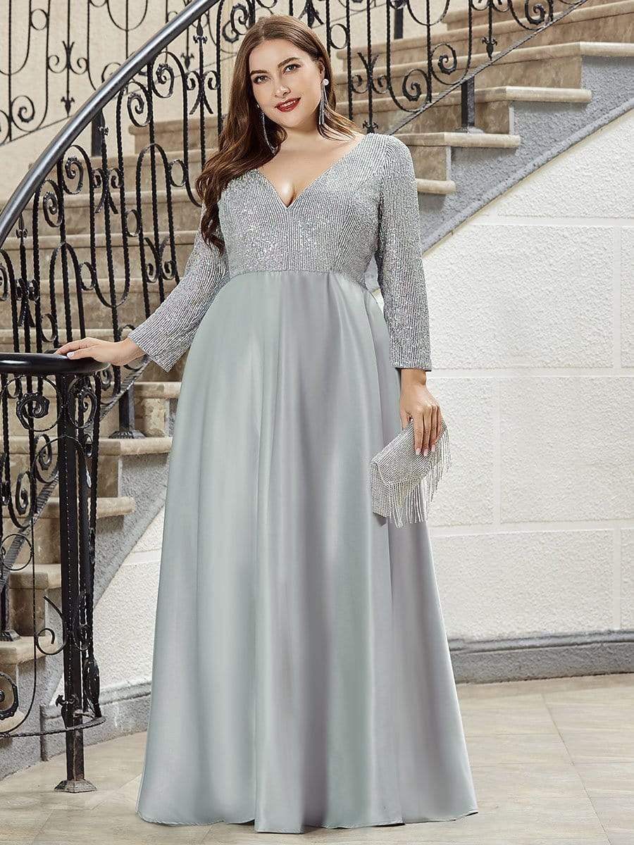 Color=Grey | Elegant V-Neck Sequin Plus Size Evening Dress-Grey 4