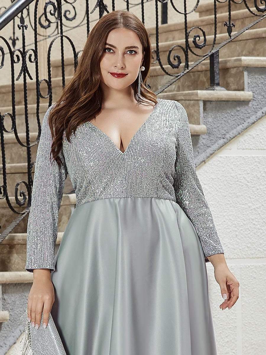 Color=Grey | Elegant V-Neck Sequin Plus Size Evening Dress-Grey 5