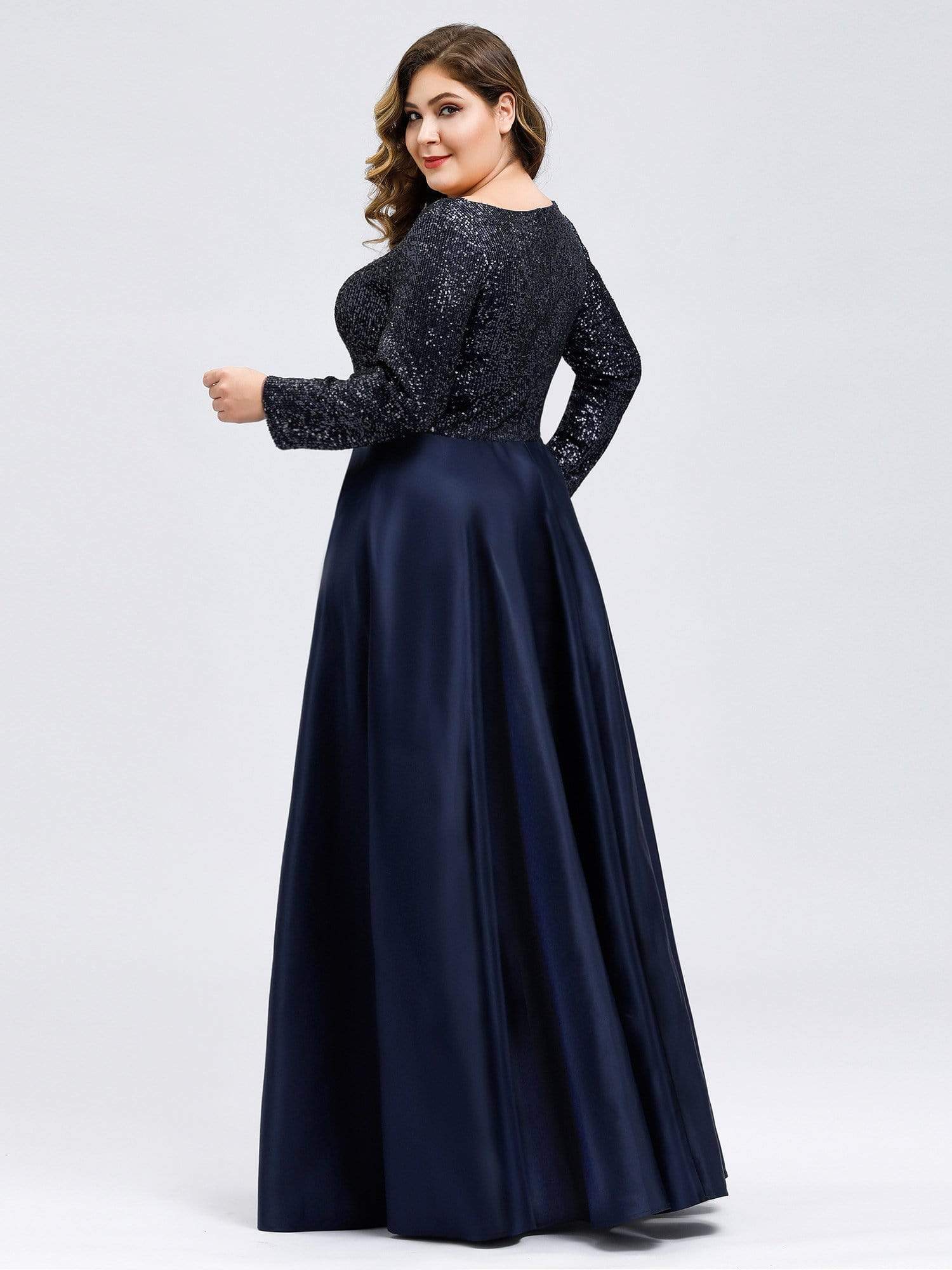 Color=Navy Blue | Elegant V-Neck Sequin Plus Size Evening Dress-Navy Blue 2