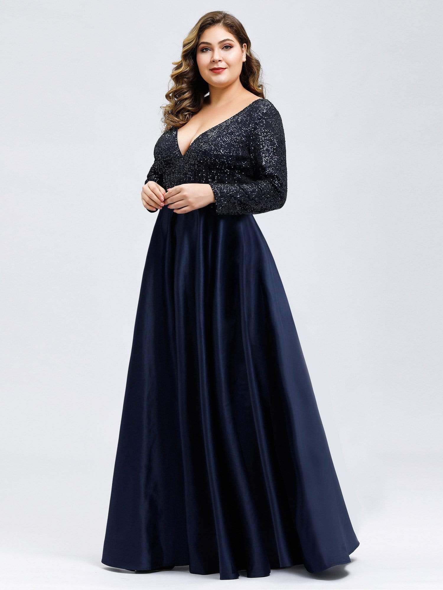 Color=Navy Blue | Elegant V-Neck Sequin Plus Size Evening Dress-Navy Blue 3