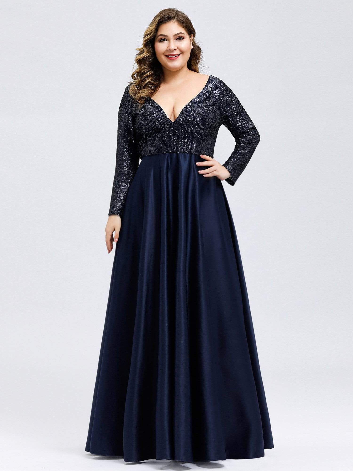Color=Navy Blue | Elegant V-Neck Sequin Plus Size Evening Dress-Navy Blue 4