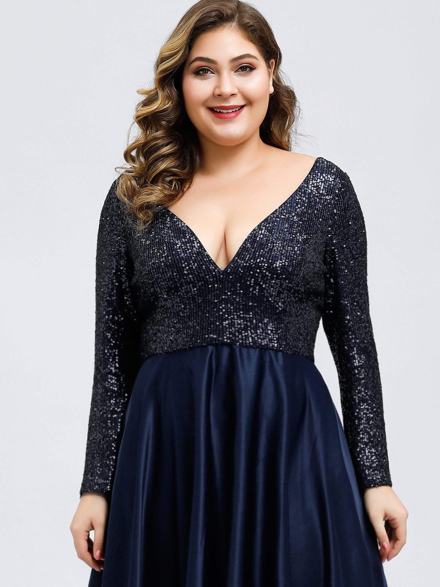 Color=Navy Blue | Elegant V-Neck Sequin Plus Size Evening Dress-Navy Blue 5