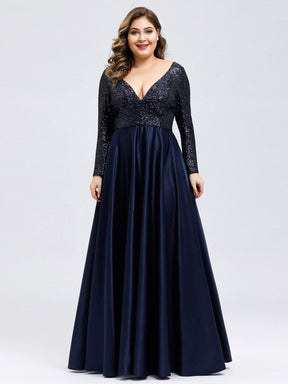 Color=Navy Blue | Elegant V-Neck Sequin Plus Size Evening Dress-Navy Blue 1