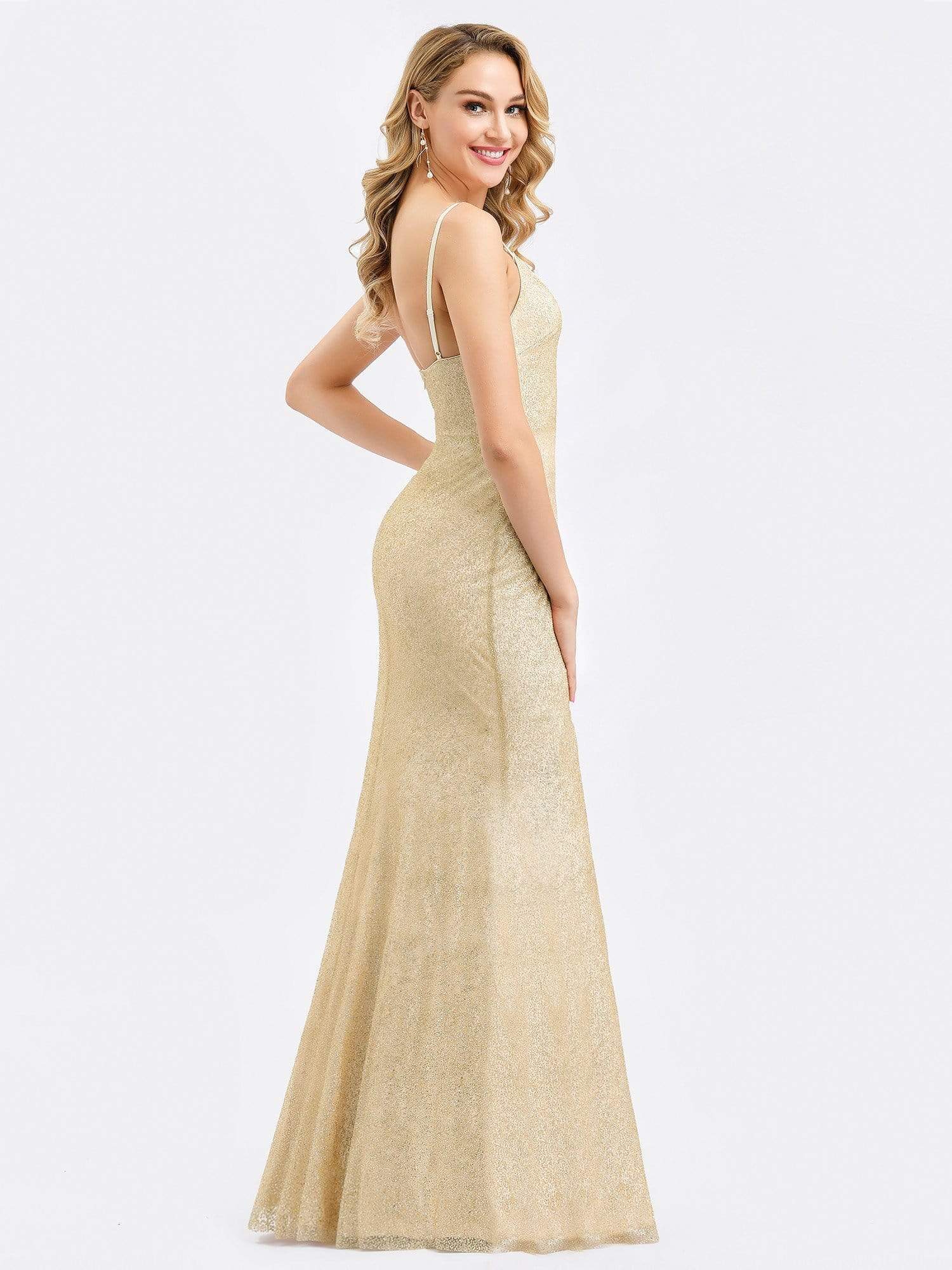 Color=Gold | Women'S Deep V-Neck Spaghetti Shine Bodycon Dress-Gold 2