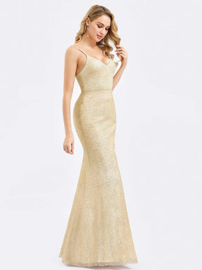 Color=Gold | Women'S Deep V-Neck Spaghetti Shine Bodycon Dress-Gold 3