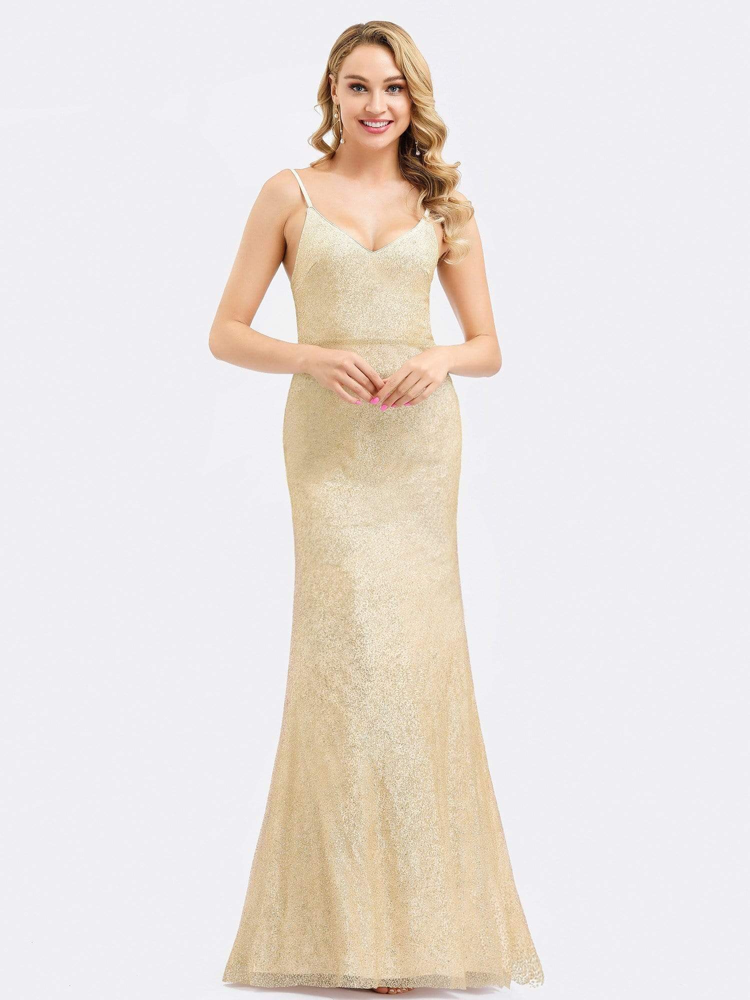 Color=Gold | Women'S Deep V-Neck Spaghetti Shine Bodycon Dress-Gold 1