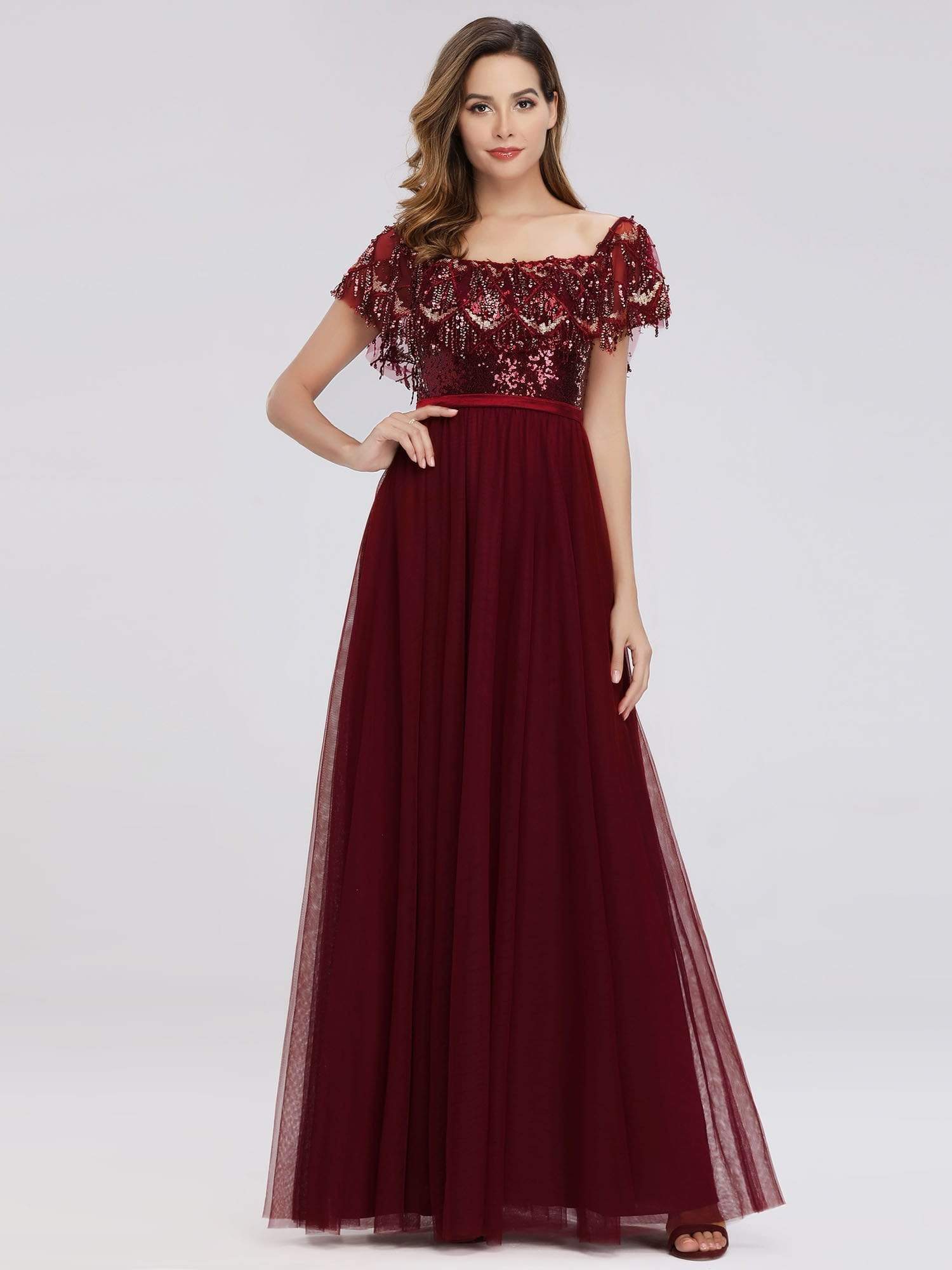 Color=Burgundy | Women'S Off The Shoulder Sequin Ruffles Floor-Length Evening Dress-Burgundy 1