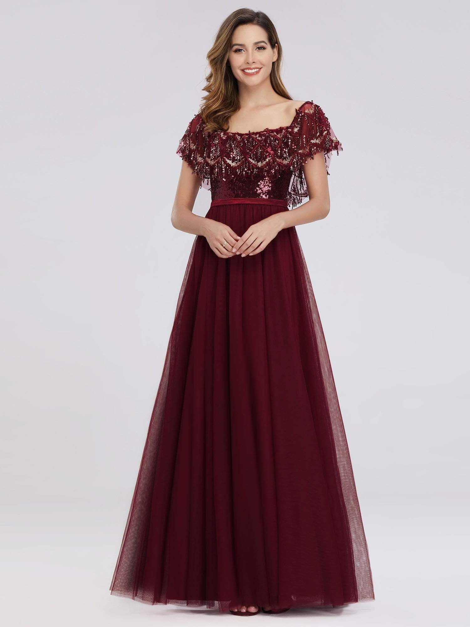 Color=Burgundy | Women'S Off The Shoulder Sequin Ruffles Floor-Length Evening Dress-Burgundy 2