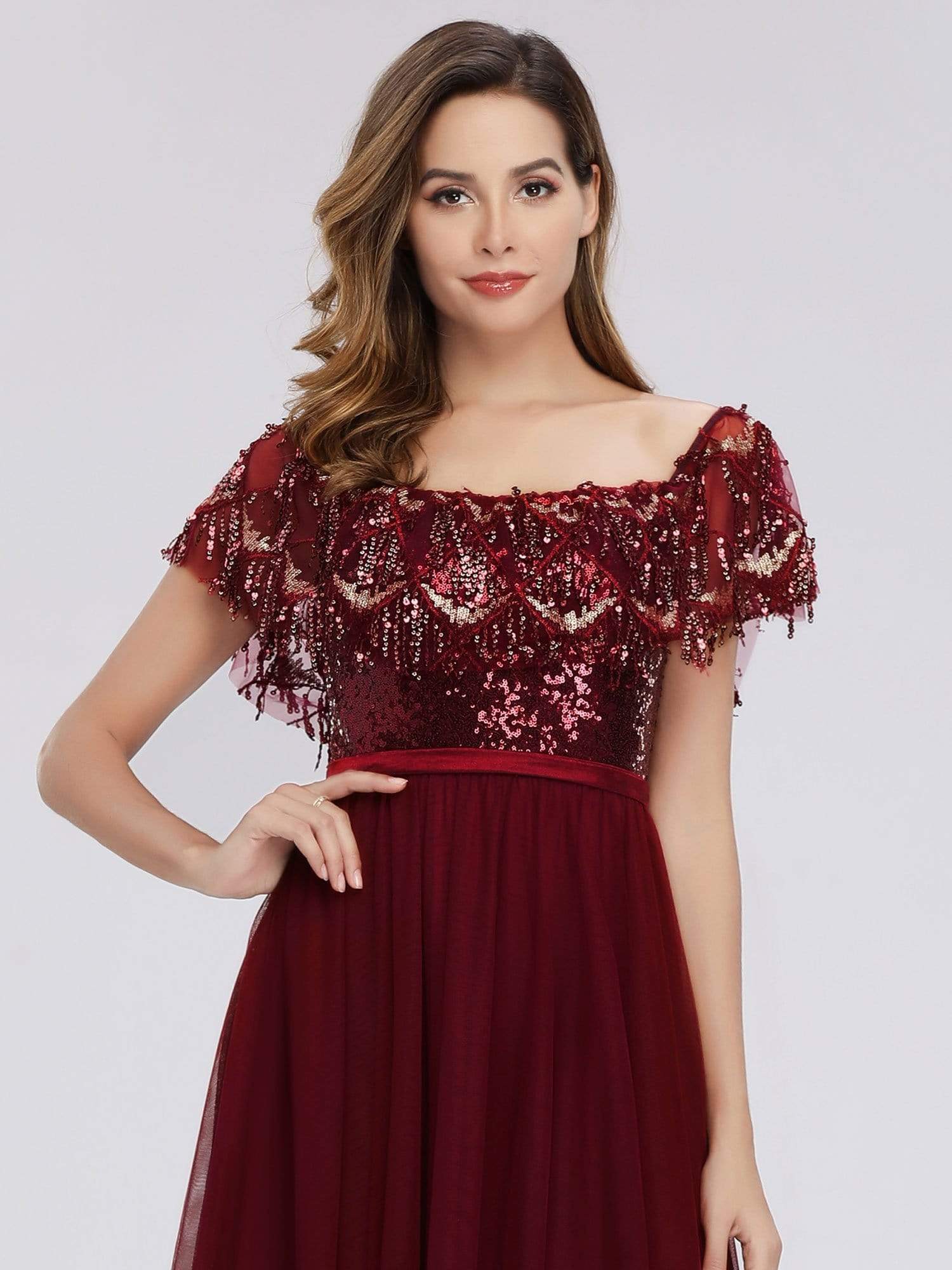 Color=Burgundy | Women'S Off The Shoulder Sequin Ruffles Floor-Length Evening Dress-Burgundy 3