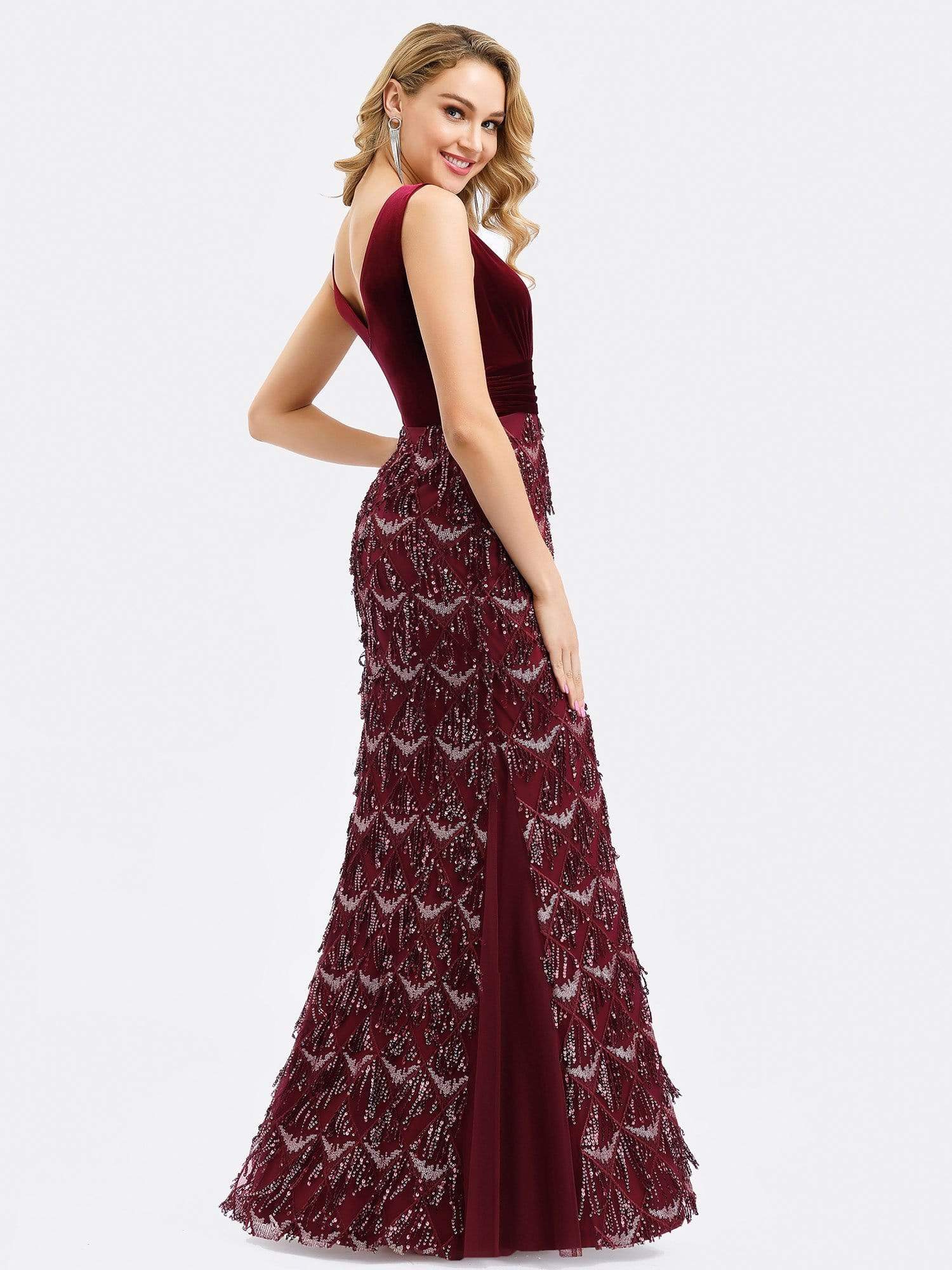 Color=Burgundy | Double V Neck Fringed Beaded Fishtail Evening Dress-Burgundy 5