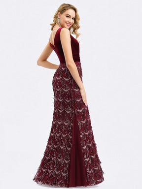 Color=Burgundy | Double V Neck Fringed Beaded Fishtail Evening Dress-Burgundy 5