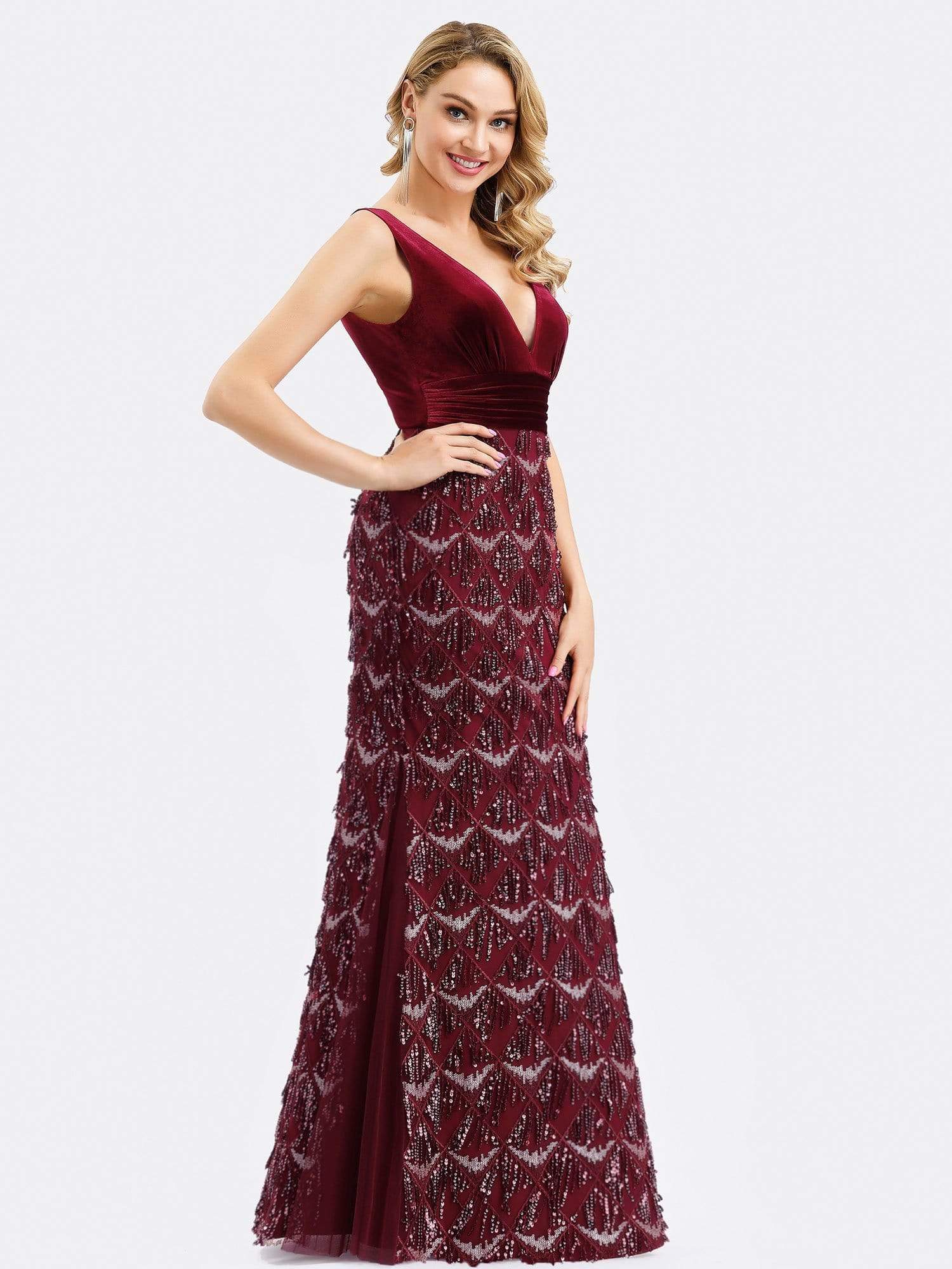 Color=Burgundy | Double V Neck Fringed Beaded Fishtail Evening Dress-Burgundy 6