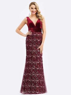 Color=Burgundy | Double V Neck Fringed Beaded Fishtail Evening Dress-Burgundy 4