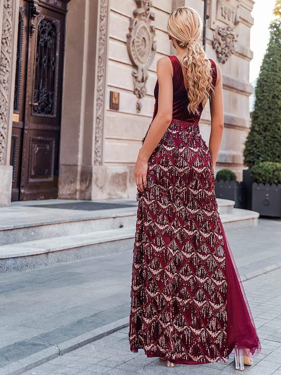 Color=Burgundy | Double V Neck Fringed Beaded Fishtail Evening Dress-Burgundy 2