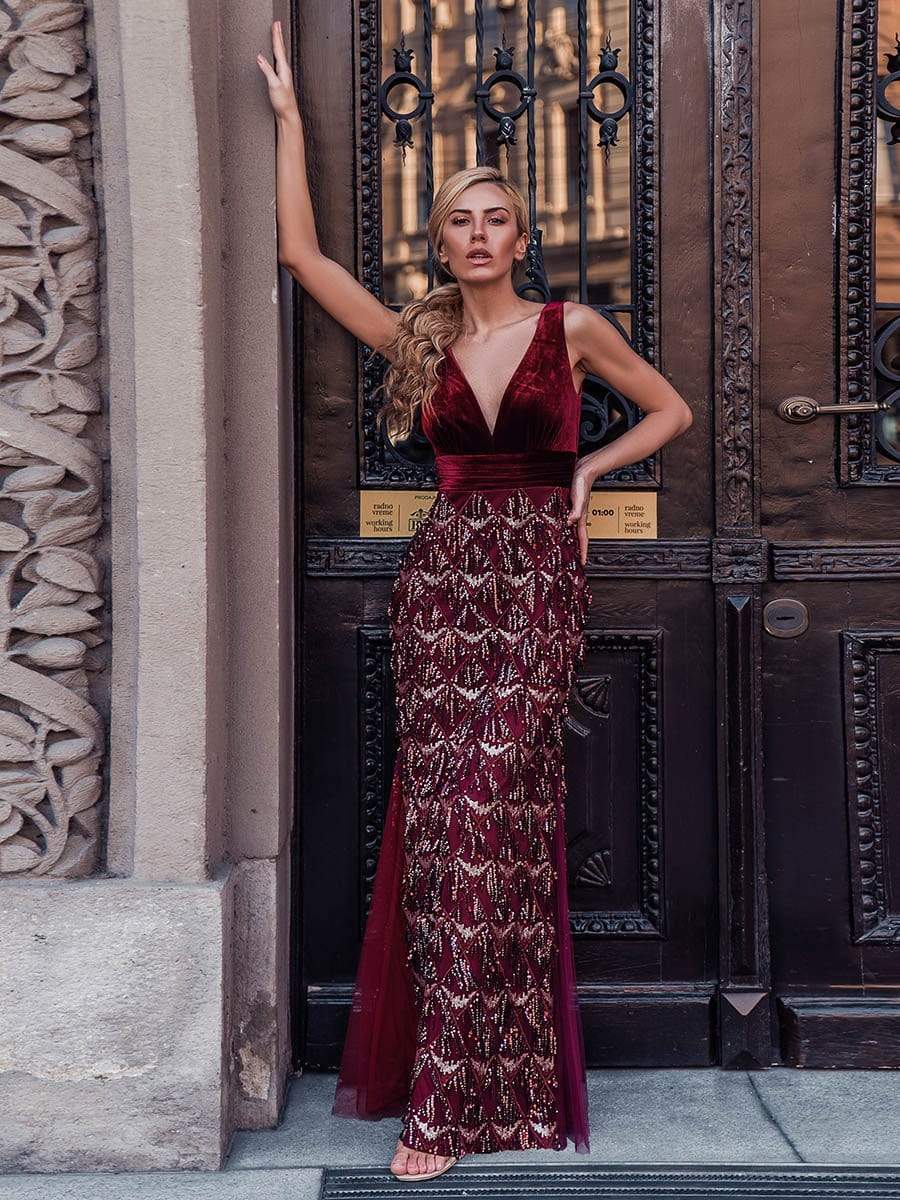 Color=Burgundy | Double V Neck Fringed Beaded Fishtail Evening Dress-Burgundy 3