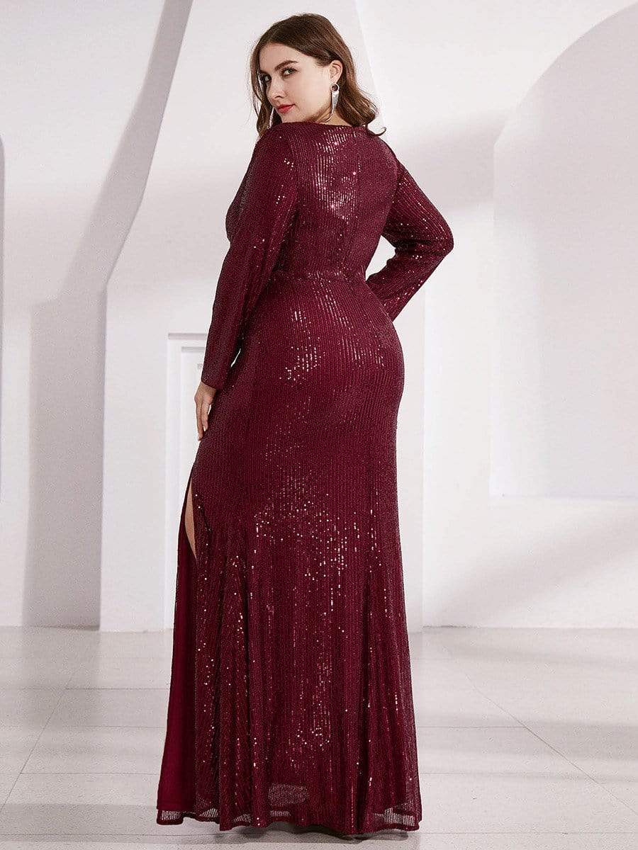 Color=Burgundy | Shiny V Neck Long Sleeve Sequin Evening Party Dress-Burgundy 7