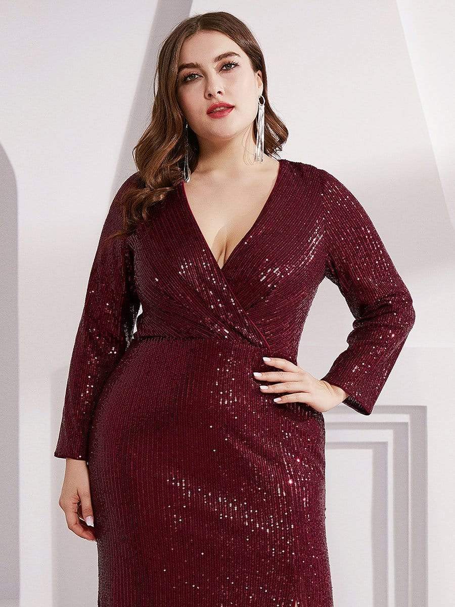 Color=Burgundy | Shiny V Neck Long Sleeve Sequin Evening Party Dress-Burgundy 10