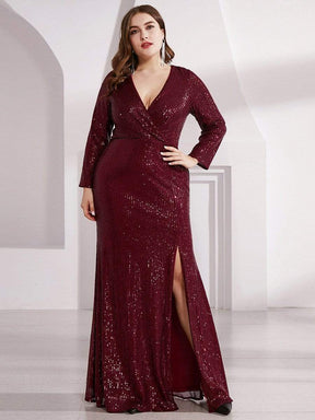 Color=Burgundy | Shiny V Neck Long Sleeve Sequin Evening Party Dress-Burgundy 6