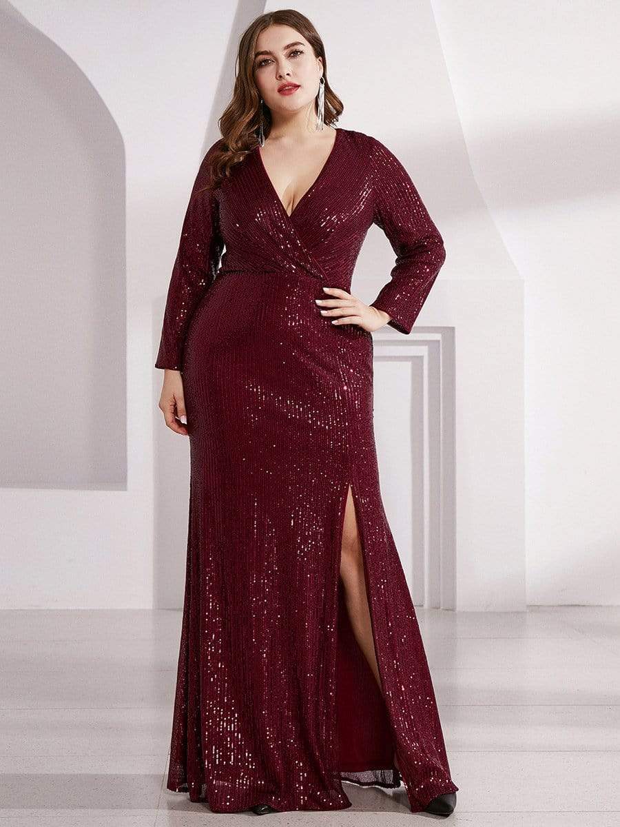 Color=Burgundy | Shiny V Neck Long Sleeve Sequin Evening Party Dress-Burgundy 1