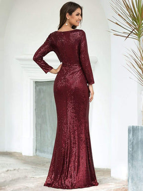 Color=Burgundy | Shiny V Neck Long Sleeve Sequin Evening Party Dress-Burgundy 2