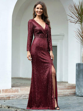 Color=Burgundy | Shiny V Neck Long Sleeve Sequin Evening Party Dress-Burgundy 3