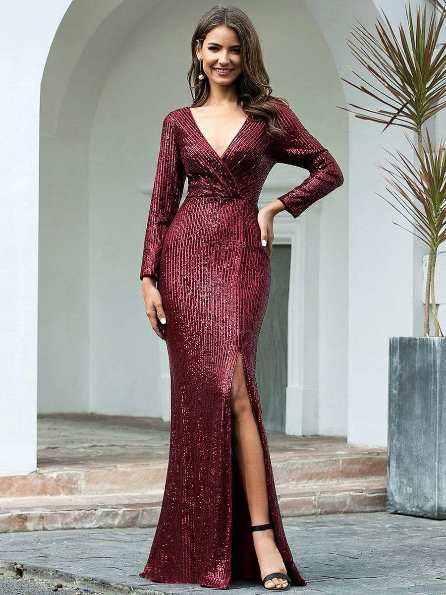 Color=Burgundy | Shiny V Neck Long Sleeve Sequin Evening Party Dress-Burgundy 1