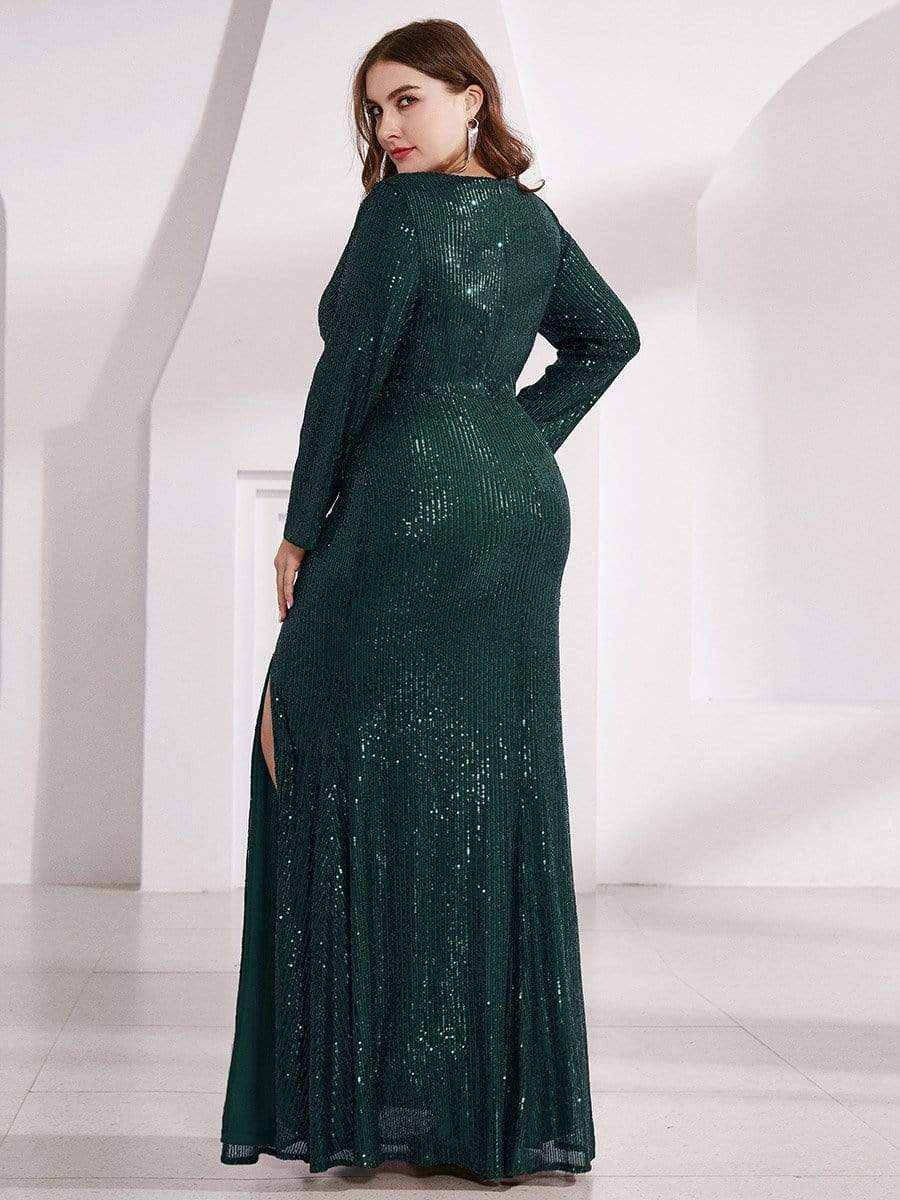 Color=Dark Green | Shiny V Neck Long Sleeve Sequin Evening Party Dress-Dark Green 2