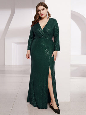 Color=Dark Green | Shiny V Neck Long Sleeve Sequin Evening Party Dress-Dark Green 4