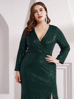 Color=Dark Green | Shiny V Neck Long Sleeve Sequin Evening Party Dress-Dark Green 5