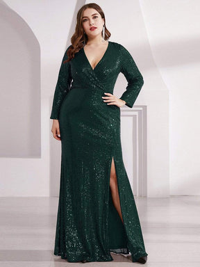 Color=Dark Green | Shiny V Neck Long Sleeve Sequin Evening Party Dress-Dark Green 1