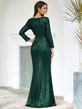 Color=Dark Green | Shiny V Neck Long Sleeve Sequin Evening Party Dress-Dark Green 2