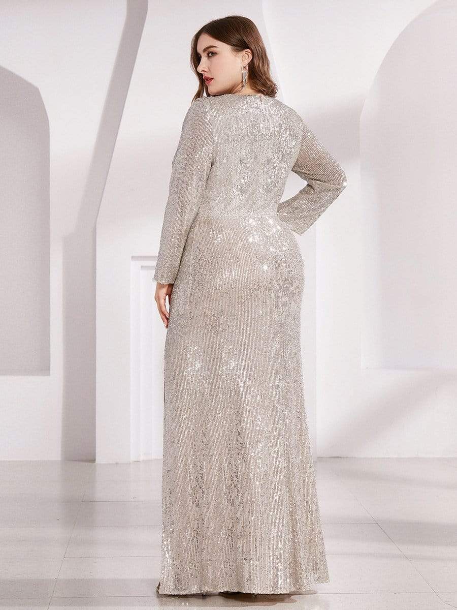 Shiny V Neck Plus Size Sequin Evening Party Dress with Long Sleeve