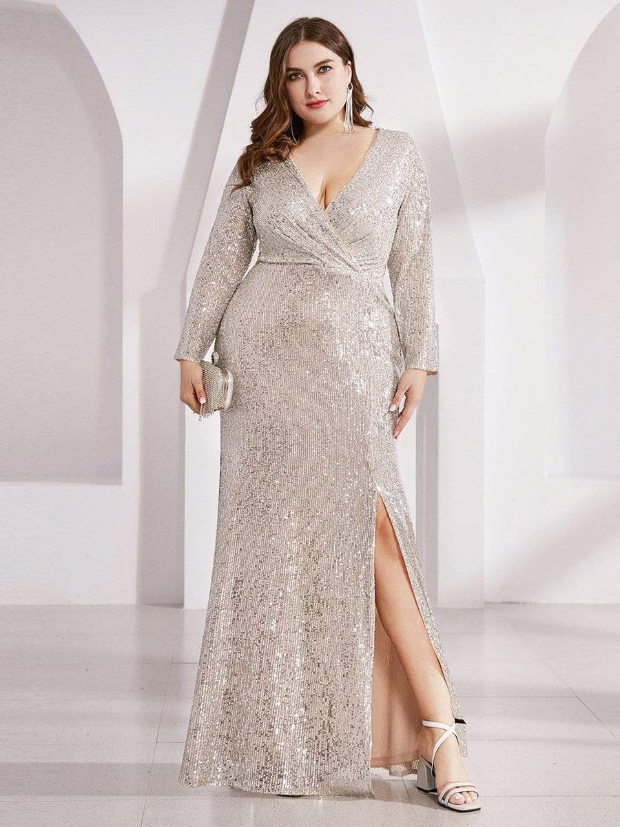 Color=Rose Gold | Shiny V Neck Long Sleeve Sequin Evening Party Dress-Rose Gold 11