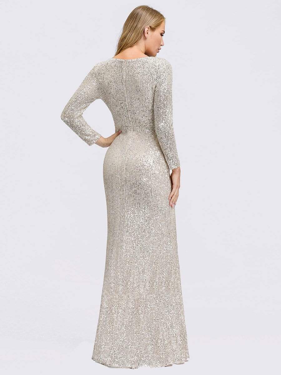 Color=Rose Gold | Shiny V Neck Long Sleeve Sequin Evening Party Dress-Rose Gold 8