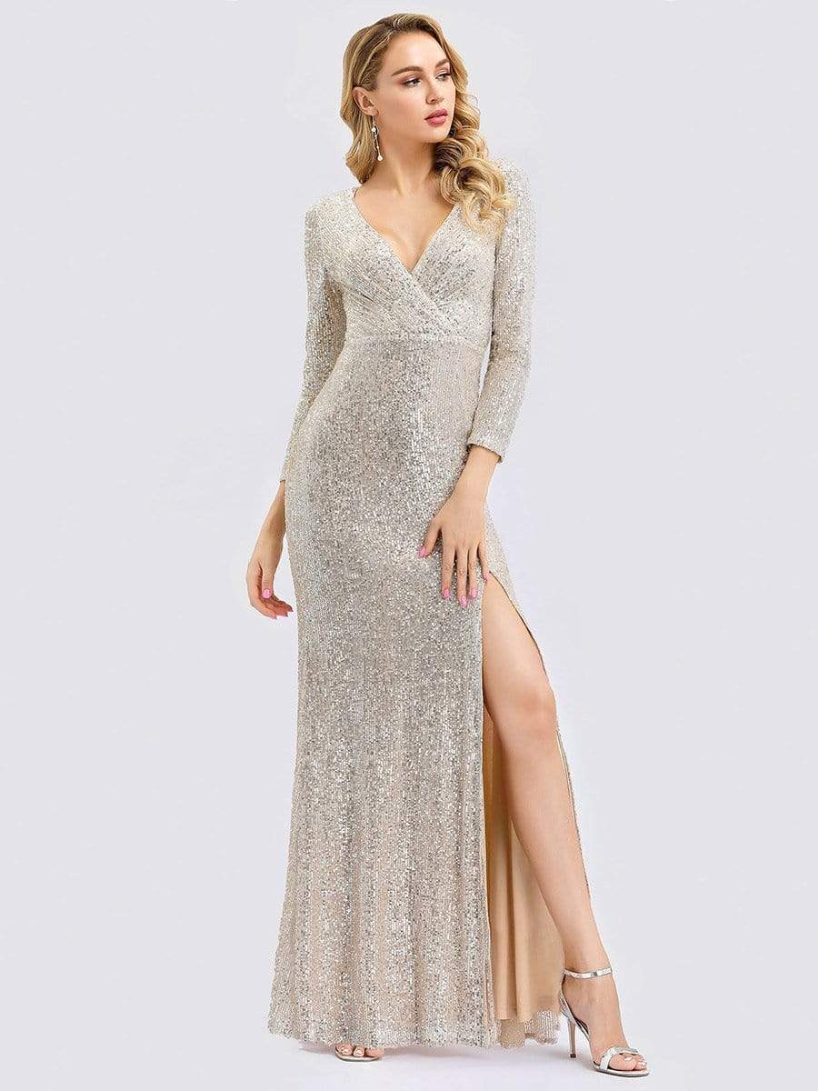 Color=Rose Gold | Shiny V Neck Long Sleeve Sequin Evening Party Dress-Rose Gold 7