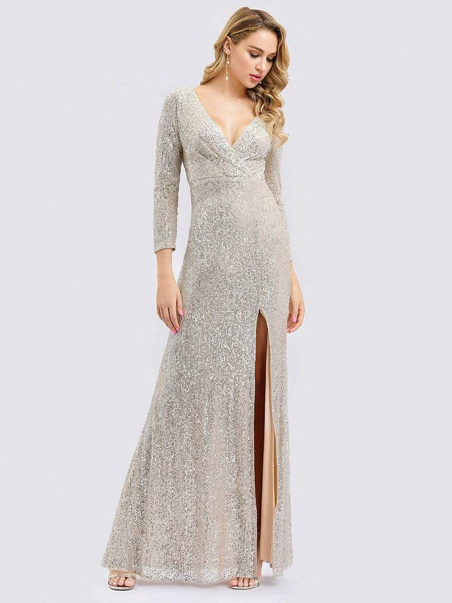 Color=Rose Gold | Shiny V Neck Long Sleeve Sequin Evening Party Dress-Rose Gold 9