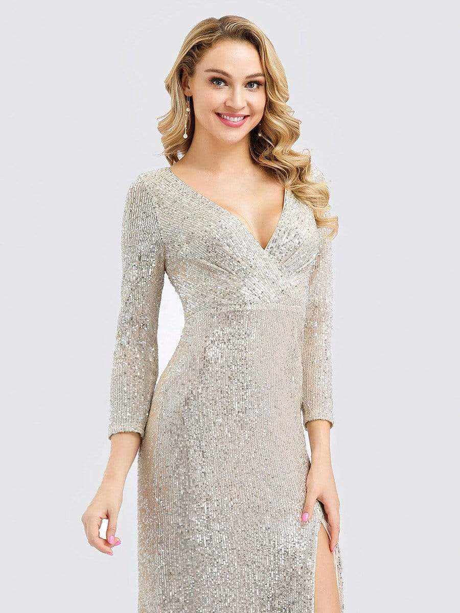 Color=Rose Gold | Shiny V Neck Long Sleeve Sequin Evening Party Dress-Rose Gold 10