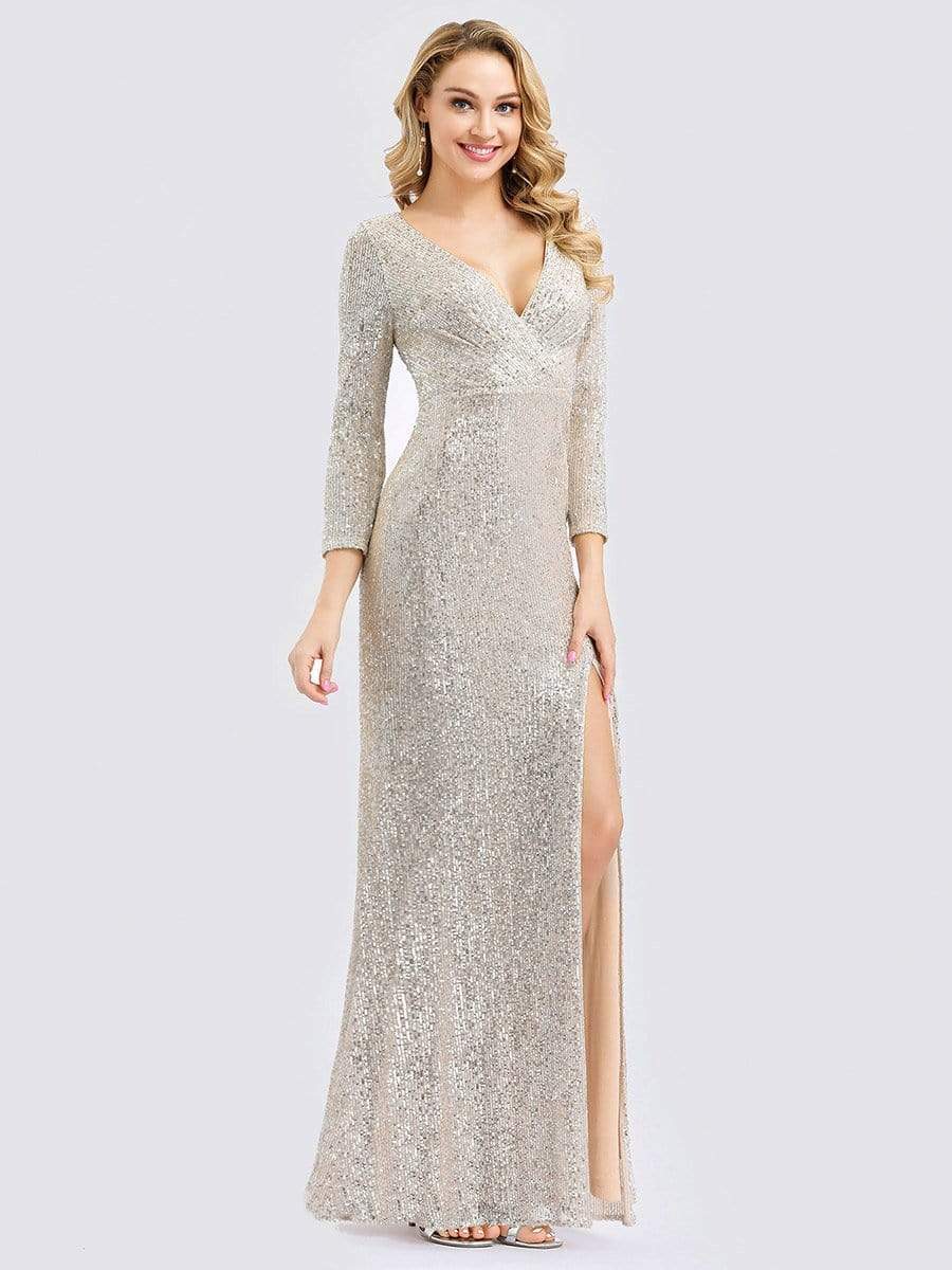 Color=Rose Gold | Shiny V Neck Long Sleeve Sequin Evening Party Dress-Rose Gold 6