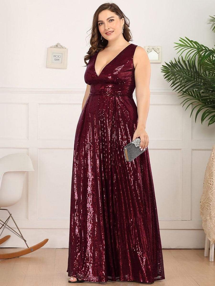 Color=Burgundy | Plus Size Gorgeous Double V Neck Sleeveless Sequin Dress-Burgundy 3