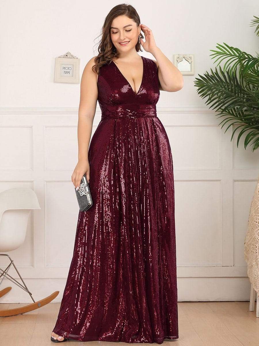 Color=Burgundy | Plus Size Gorgeous Double V Neck Sleeveless Sequin Dress-Burgundy 4