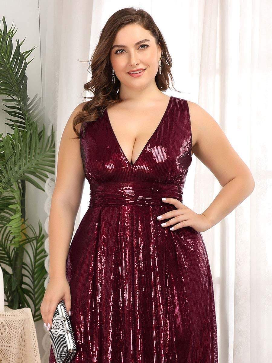 Color=Burgundy | Plus Size Gorgeous Double V Neck Sleeveless Sequin Dress-Burgundy 5