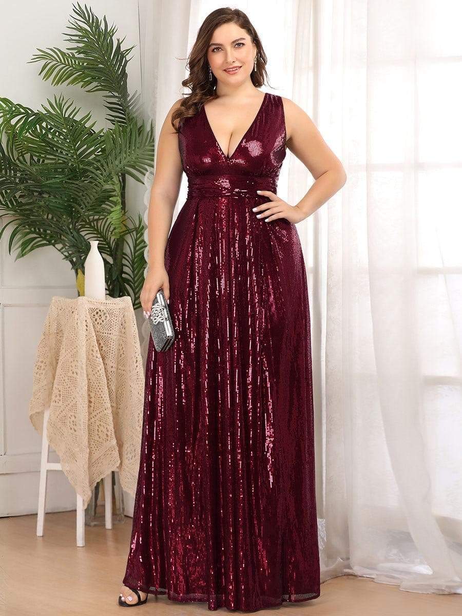 Color=Burgundy | Gorgeous Double V Neck Sleeveless Sequin Dress-Burgundy 6