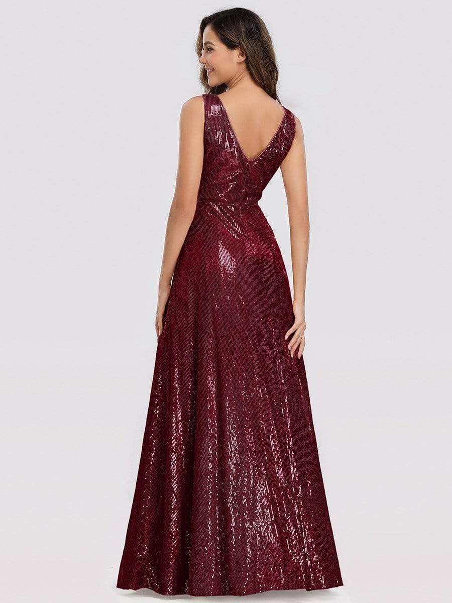 Color=Burgundy | Gorgeous Double V Neck Sleeveless Sequin Dress-Burgundy 2