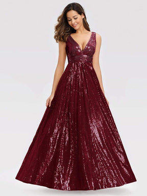 Color=Burgundy | Gorgeous Double V Neck Sleeveless Sequin Dress-Burgundy 3