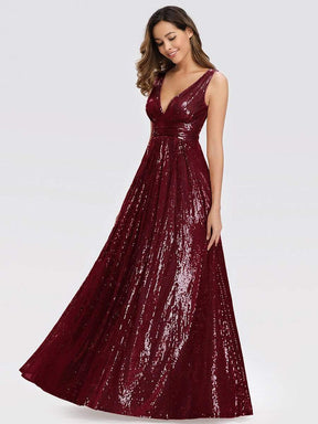Color=Burgundy | Gorgeous Double V Neck Sleeveless Sequin Dress-Burgundy 4
