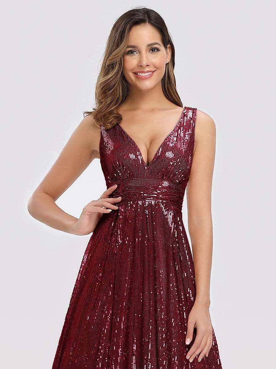 Color=Burgundy | Gorgeous Double V Neck Sleeveless Sequin Dress-Burgundy 5