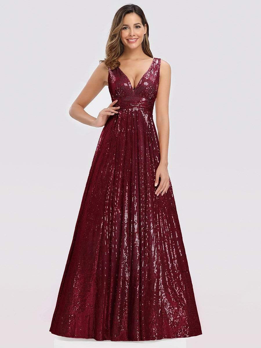 Color=Burgundy | Gorgeous Double V Neck Sleeveless Sequin Dress-Burgundy 1