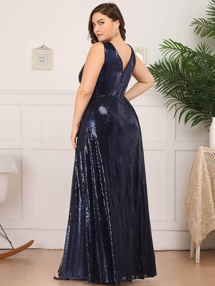 Color=Navy Blue | Gorgeous Double V Neck Sleeveless Sequin Dress-Navy Blue 7