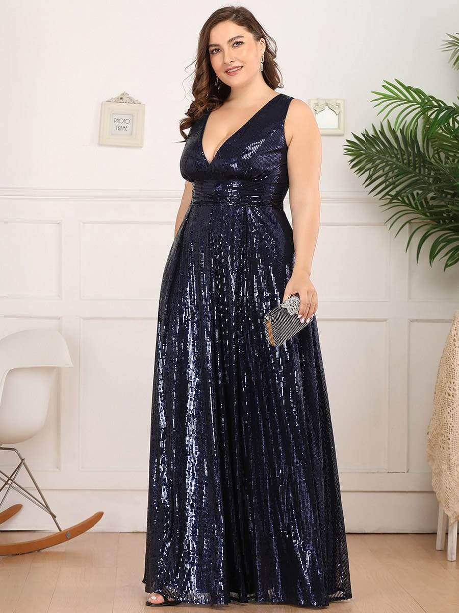 Color=Navy Blue | Gorgeous Double V Neck Sleeveless Sequin Dress-Navy Blue 8