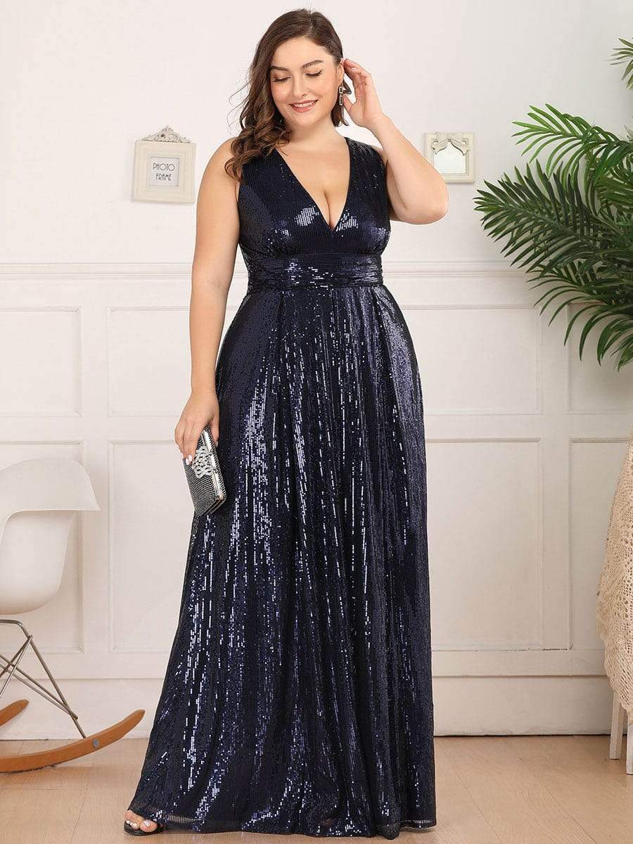 Color=Navy Blue | Plus Size Gorgeous Double V Neck Sleeveless Sequin Dress-Navy Blue 4